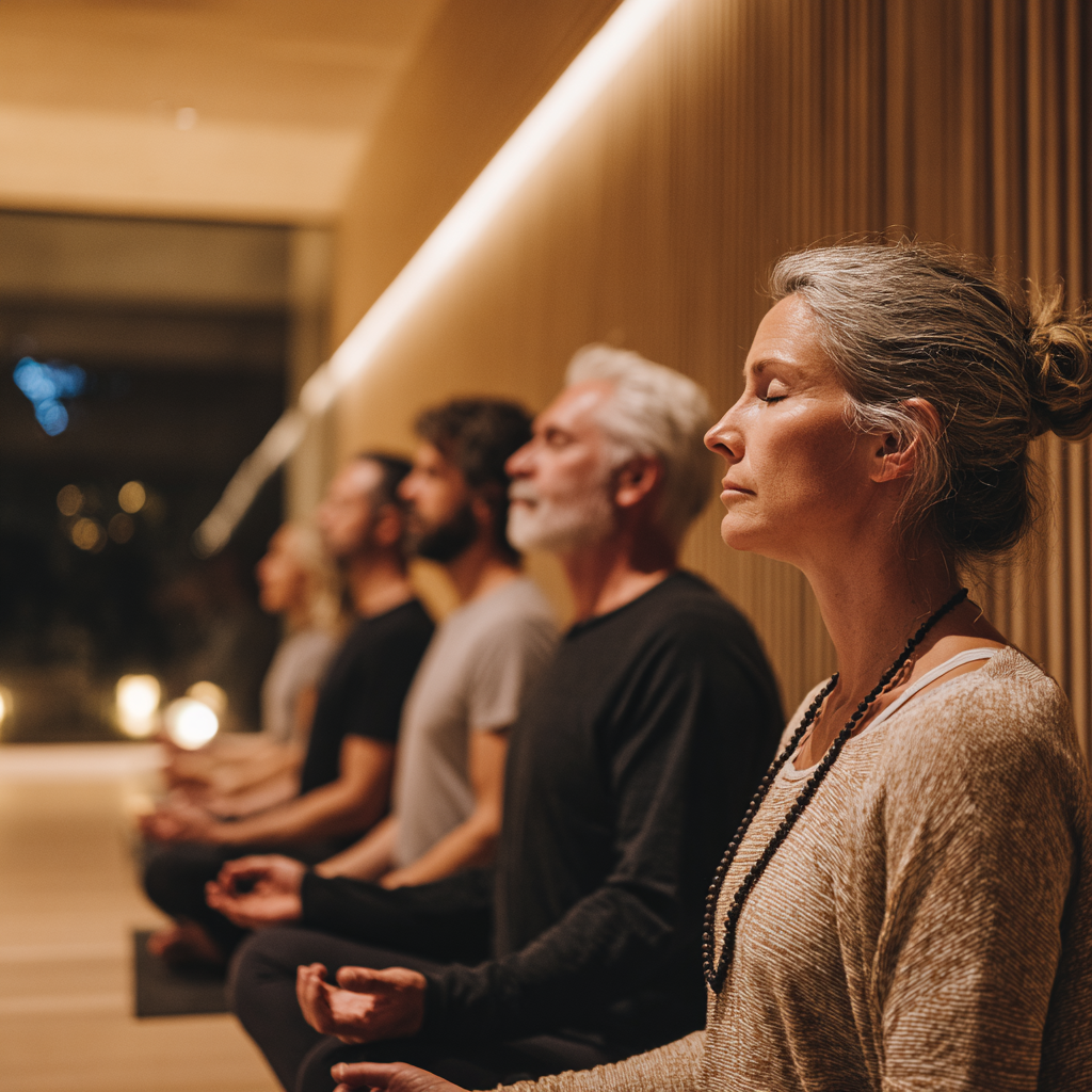 Pokojná atmosféra jógovej lekcie s mäkkým svetlom a prirodzenými materiálmi